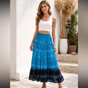 NY Collection Maxi Skirt Woman Medium Blue Ombre Broomstick Tiered Boho Festival